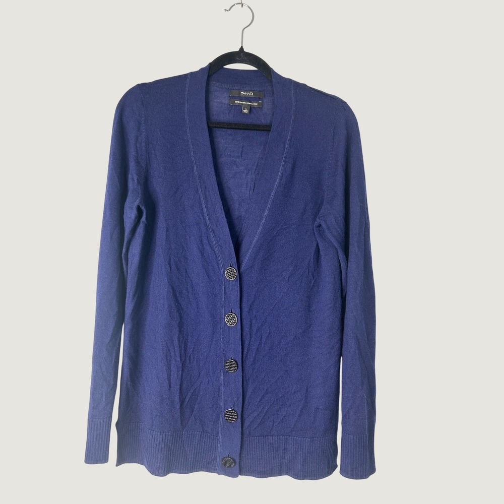 Tahari Cardigan Sweater Womens Large Blue Extrafine Merino Wool V-Neck Button Up